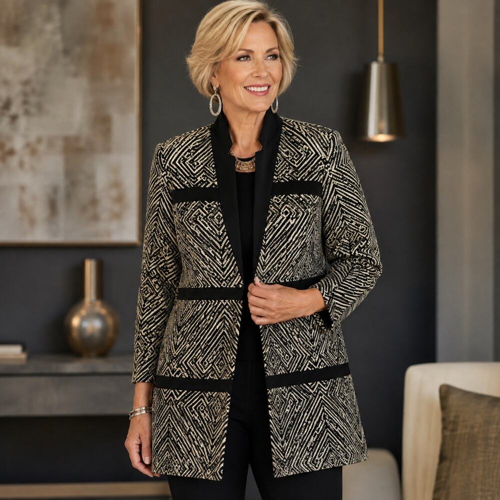 Black Label By Chico’s Geometric Metallic Tailored Jacket Sz2 Statement Blazer